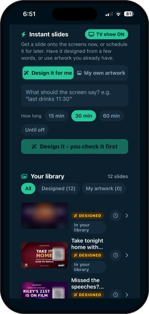 Instant slides in the eJukebox Admin app - type what the screen should say and a slide is designed for you to check first