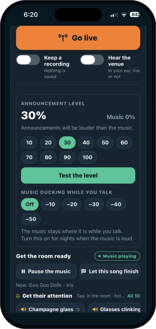 Live microphone in the eJukebox Admin app - a staff phone becomes the PA, with announcement level and music ducking