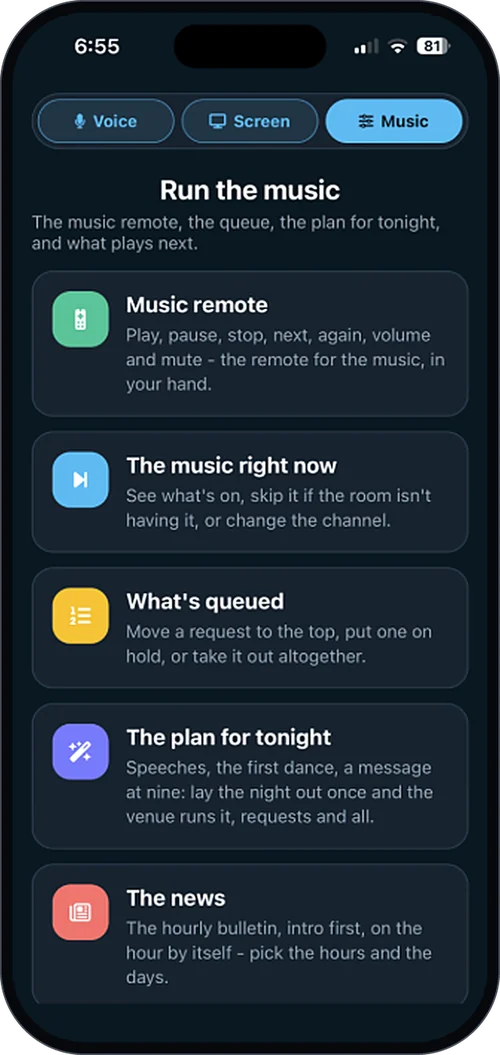 Music menu in the eJukebox Admin app - the music remote, what's playing, the queue, the plan for tonight and the news