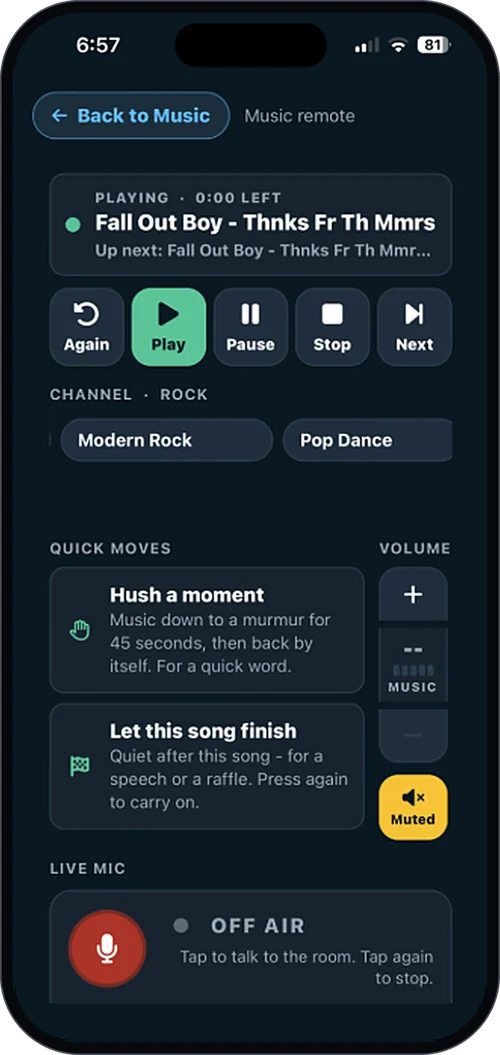 Music remote in the eJukebox Admin app - play, pause, skip, change channel, hush the room for a quick word, or go live