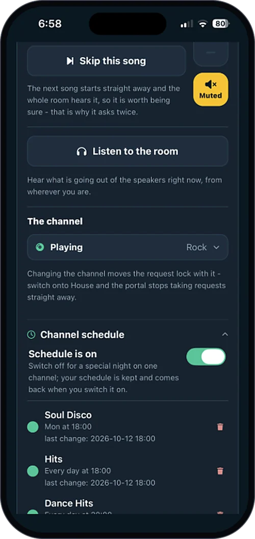 The music right now in the eJukebox Admin app - skip a song, listen to the room from anywhere, and schedule the channels