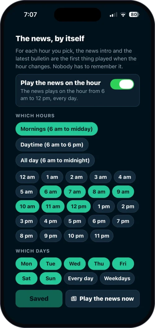 The news on the hour in the eJukebox Admin app - pick the hours and days, and the latest bulletin plays by itself