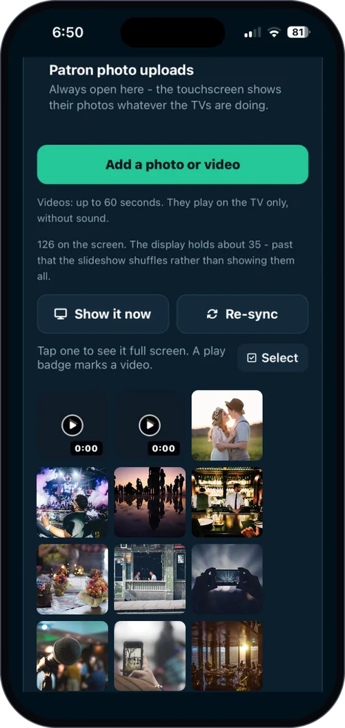 Patron photo uploads in the eJukebox Admin app - guests' photos and short videos waiting for the venue's screen