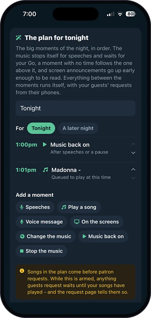 The plan for tonight in the eJukebox Admin app - speeches, songs and messages laid out in order, with requests in between