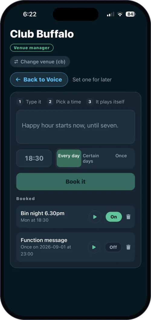 Scheduled announcements in the eJukebox Admin app - happy hour booked for 6:30pm every day, playing itself