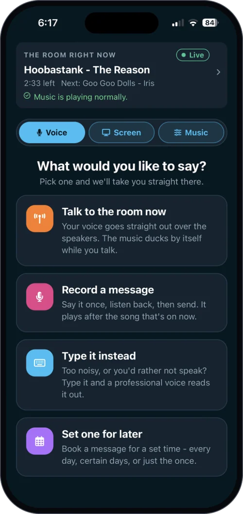 Voice menu in the eJukebox Admin app - talk to the room live, record a message, type one, or schedule it for later