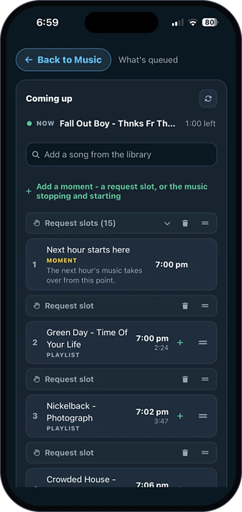 What's queued in the eJukebox Admin app - the coming-up list with request slots between the venue's own songs