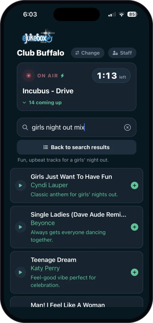 Help me pick in the eJukebox Request app suggesting songs for a girls' night out, each with a reason it fits