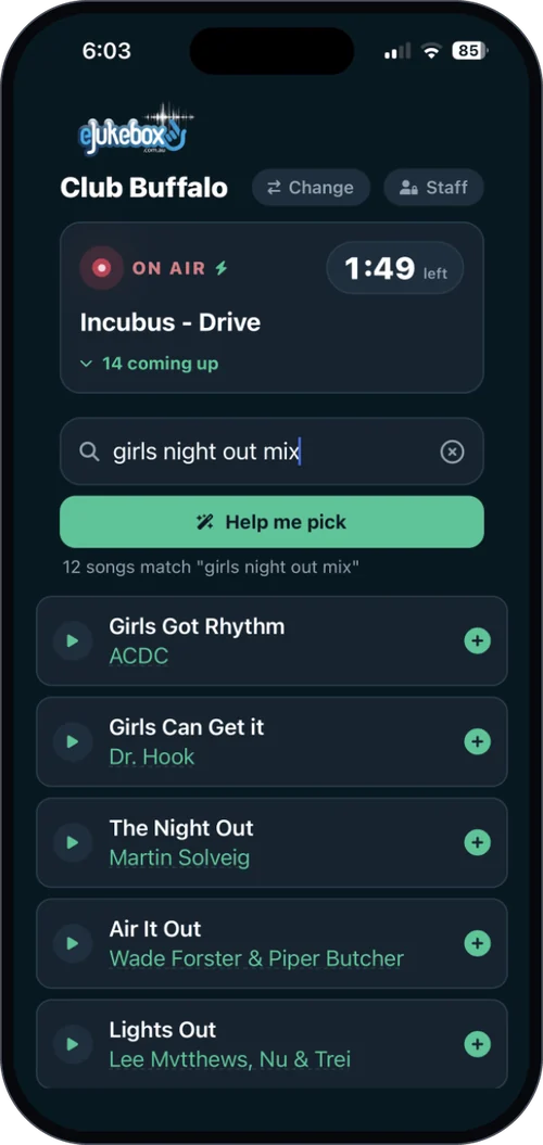 AI song search in the eJukebox Request app - a guest types girls night out mix and taps Help me pick