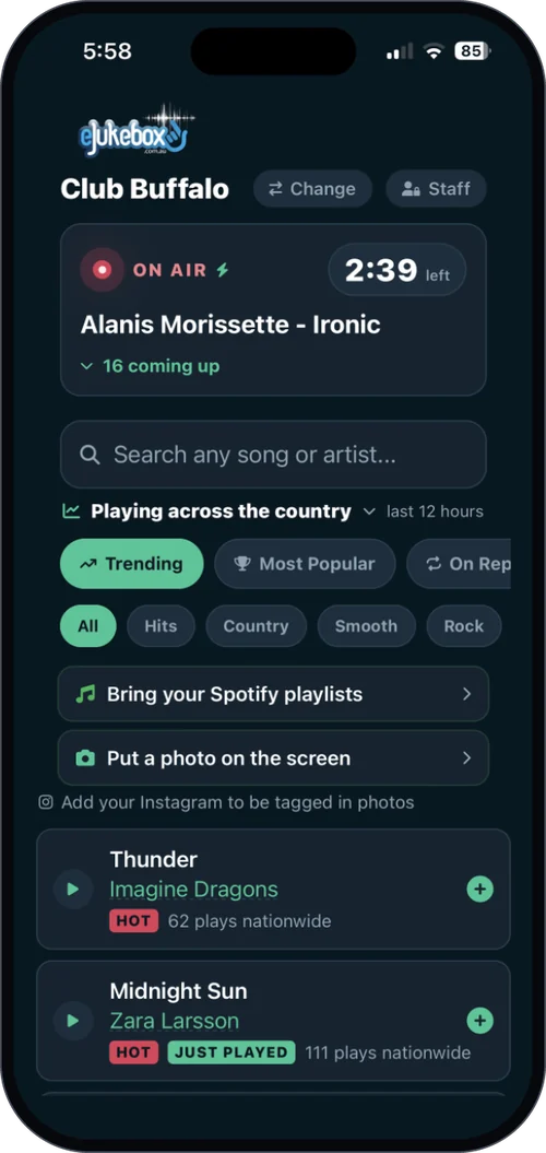 eJukebox Request song request app at a club, showing the song on air, songs coming up and tracks trending nationwide
