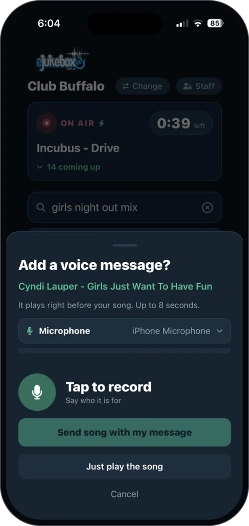 Adding a voice dedication to a song request in the eJukebox Request app - up to 8 seconds, played right before the song and over its intro