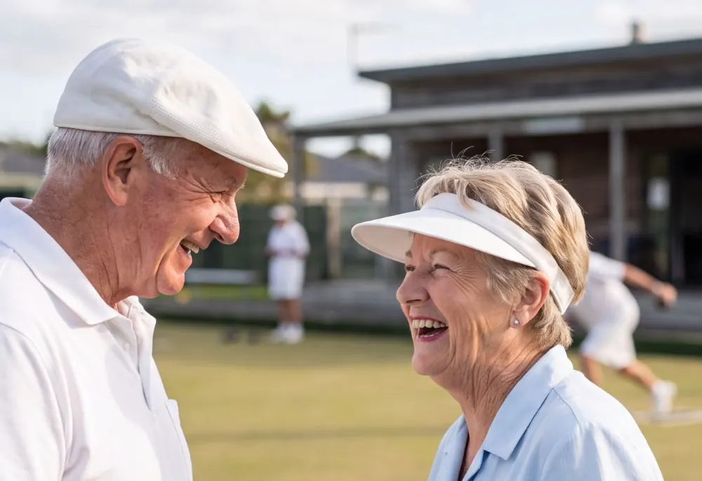 Two bowls club members sharing a laugh on the green